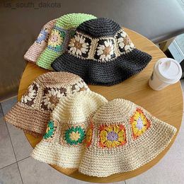 Japan Korea Crochet Beach Str Hat Women Summer Flowers Pure Hand-woven Hat Sunshade Fisherman Hat Breathable Bucket Hat L230523