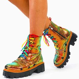 Boots New Mulcticolor Sequins Platform Goth Women's Motorcycle Boots Chunky Heel Brand Chains Punk Combat Boots Shoes Z0605