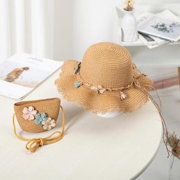 Hats Summer Children Straw Hat Korean Baby Sun Beauty Floral Girl Spring Cap Beach Visor Bag Two-Piece Sets