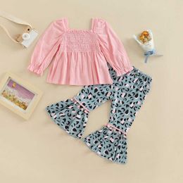 Clothing Sets Children Girl Fall Winter Pant 2Pcs Outfits Long Sleeve Smocked T-Shirt Leopard Flare Pants Set