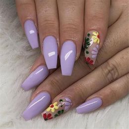 False Nails Cute Little Flowers Ballerina Set Press On Purple Wearable Manicure French Coffin Fake Nail Tips With Designs