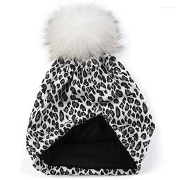 Berets Geebro Women Leopard Print Soft Elastic Beanies Adult Lady Warm Skullies Hats Female With 15cm Real Fur Pompom Caps Bonnet