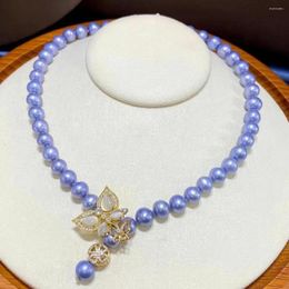 Chains High Chic Fresh Water 7-8mm Round Rose Blue Genuine Pearls Necklaces For Women Holidays Presents