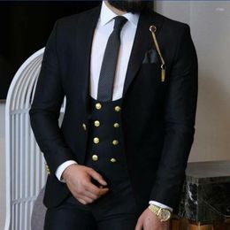 Men's Suits Black Wedding Groom Tuxedo Pieces (jacket Pants Vest) Ffice Business Prom Suit Men with Gold Buttons