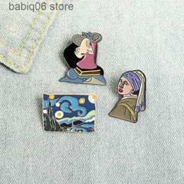 Pins Brooches The New Girl Wearing Pearl Earrings with Van Gogh Oil Painting Styled Breastpin Dripping Oil Emblem T230605