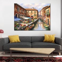 Handmade Seascape Wall Art Flower Market on The Canal Sung Kim Canvas Painting Contemporary Bathroom Decor