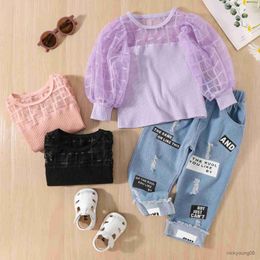 Clothing Sets Girl Two Piece Set Long Sleeve Patchwork See Through Plaid Ribbed Tops Denim Elastic Lettering Ripped Jeans