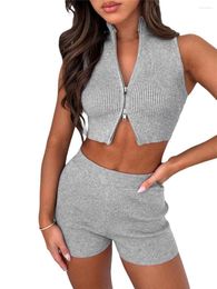 Women's Tracksuits Women Knitted 2 Piece Skirt Set Zip-Up Ribbed Sleeveless Crop Tops Wrapped Short Suits Summer Outfits