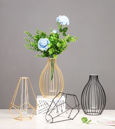 Vases Nordic Simple Golden Glass Vase Hydroponic Plant Flower Iron Geometric Test Tube Metal Holder Modern Home Decor 230603