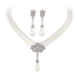 Necklace Earrings Set French Double Layer Pearl Pendant With Crystal Peacock Opening Jewellery Dinner Accessories