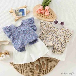 Clothing Sets 2023 summer fashion girls floral set flying sleeve top T shirts and shorts two-piece suits