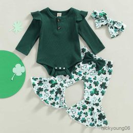 Clothing Sets St. Patrick's Day Newborn Baby Girls Spring Autumn Ribbed Fly Sleeve Bodysuits and Clover Print Flare Pants and Headband