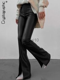 Women's Pants Capris Cryptographic Chic Fashion PU Leather High Rise Flare Pants Club Party Casual Sexy Split Pants for Women Trousers Pant Gothic J230605