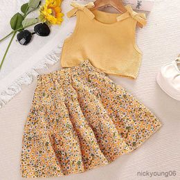 Clothing Sets 2023 summer new children's clothing set fashion bow Sleeveless vest top floral tops Skirt two-piece girls' suit