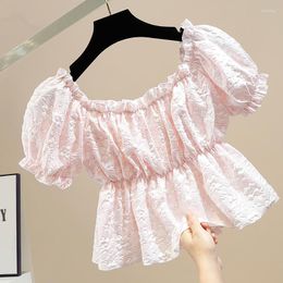 Women's Blouses Fashionable Pleated Puff Sleeve Pink Shirt Off-Neck Slim-Fit Short Floral Blouse Women's Crop Top 2023 Summer Shirts