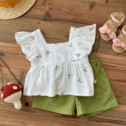 Clothing Sets Summer Children Girl Clothes Ruffles Sleeve Flower Shirt Tops and Elastic Waist Pocket Shorts Pant 2PCS Outfits Kids Set