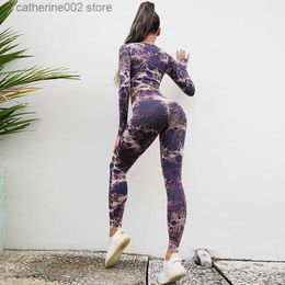 Women's Tracksuits Seamless Tie-Dye Sets Sports Fitness High Waist Hip Raise Pants Long Sleeve Suit Workout Clothes Gym Leggings Set for Women T230605