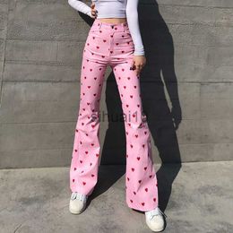 Women's Pants Capris Red Heart Print Pink Flare Jeans Y2K Pants Kawaii Sweet High Waist Slim Women Casaul Streetwear Denim Trousers Hipper Bottoms J230605