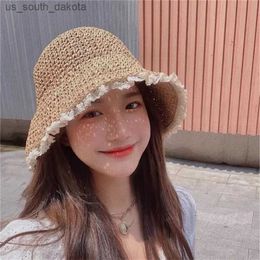 Women's Summer Hat Foldable Hollow Lace Trim Str Hat Girls Outdoor Travel Casual Fashion Str Summer Cool Hat Bucket Hats L230523