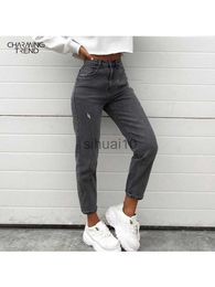 Women's Jeans Tight Elastic Jeans Women Feet Pants Nine Pants Distressed 2022 Autumn Winter Vintage High Waist Denim Trousers Women Gray J230605