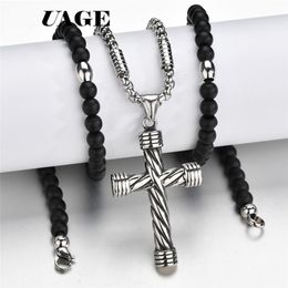 Pendant Necklaces UAGE Cross Pendant Necklace For Men Women 316L Stainless Steel Rosary Beads Necklace Religious Jewelry 230605