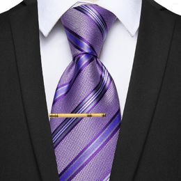 Bow Ties Purple Striped Men's Necktie Silk Tie For Man Wedding Business Party Exqusite Plum With Clip Set