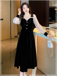 Casual Dresses Women Autumn Winter Dress Splicing Lace Yarn Mesh Velvet Shows Thin And Gentle Style French Big Swing Vestidos D2130