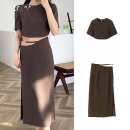 Women Two Pieces Dress Short Shirt Top and Midi Split Skirts Hollow Sexy Bodycon Coffee Dresses Casual Summer Clothes