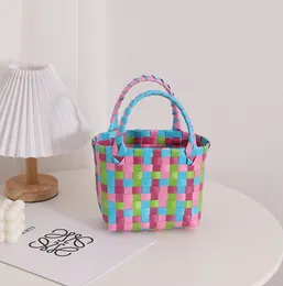 Quatily Gradient Pink Small Plaid Woven Bag New Cute Portable Straw-Weaved Bag Versatile Contrast Colour Square Vacation Beach Bags