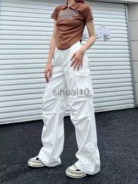 Women's Pants Capris HOUZHOU Y2K Retro White Cargo Pants Women Vintage 90s Aesthetic Oversized Brown Parachute Trousers Female Hippie Wide Pockets J230605