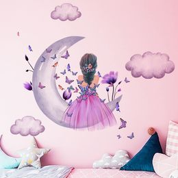 Butterfly Little Girl Grey Moon Clouds Wall Stickers Removable Vinyl Home Decor Living Room Bedroom