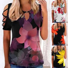 Women's Blouses Blusa Mujer Moda 2023 Women Summer Casual Sexy Fashion Hollow Short Sleeve Ring Button Flower Print Shirt Top