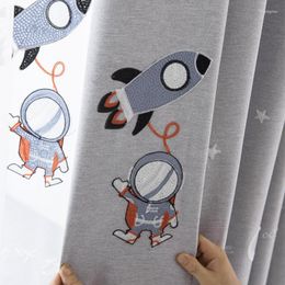 Curtain Cartoon Outer Space Rocket Embroidered Grey Blackout For Kids Boys Bedroom Modern Cotton Linen Blue Window Drapes