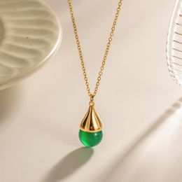 Pendant Necklaces Stainless Steel Green Water Drop Stone White Pearl Necklace For Women Classic Stylish Charm Jewelry Gift