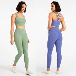 Workout Clothes for Women Gym Clothing 2 Pieces Set Naked Feeling Yoga Sets Strappy Sports Summer Bra High Waist Seamless Leggings Bodybuilding Stretch Racerback