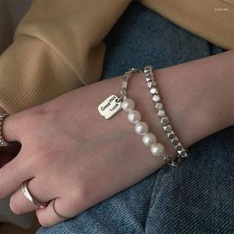 Charm Bracelets Silver Colour Lucky Letter Brand Pearl Square Bracelet For Women Retro Simple Light Luxury Jewellery Gift