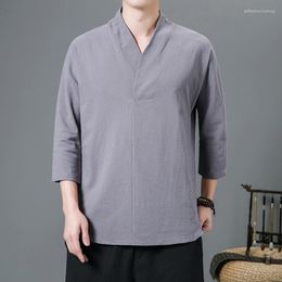 Men's T Shirts Cotton Linen Summer Shirt For Men Chinese Wind Tang 3/4 Sleeves Tops Hanfu Casual Loose Taiji Suit V-neck T-shirt