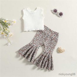 Clothing Sets Toddler Girl Set Baby Summer Outfits Solid Sleeveless Ribbed Knit Tank Tops and Floral Print Flare Pants