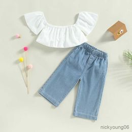 Clothing Sets Girls Summer Outfit Fashion Kid Children White Short Sleeve Crop Top and Casual Denim Trousers