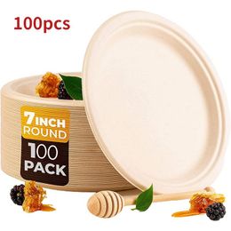 Kitchenware 7In 100 pcs Compostable Disposable Round Bagasse Paper Plates Biodegradable Sugarcane Fibre Cake Fruit Nut Snack Dishes