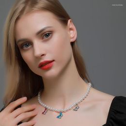 Pendant Necklaces Colorful Butterfly Pendants Short Simulated Pearl Chain Choker For Women Female Elegant Chocker Necklace Jewelry