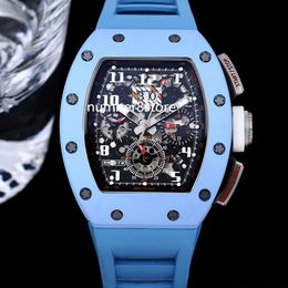 011-FM Automatic Flyback Chronograph Mens Watch Baby Blue Ceramic Skeleton Dial Sapphire Crystal Luxury Wristwatch 2 Colours