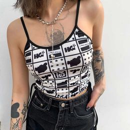 Tanks Camis Ruffled Crop Cami Cute Carton Graphic Spaghetti Shoulder Strap Side Pull Women's Summer Clothing Girl Y2K Tank Top P230605