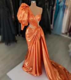 2023 Mermaid Orange Graduation Dress Spaghetti Satin High Split Homecoming Party Formal Cocktail Prom Clowns Dresses ZJ409