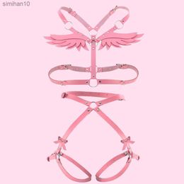 Angel Wings Harness Women Set Pink PU Leather Garter Belt Gothic Suspender Body Bondage Waist Thigh Strap Sexy Lingerie Cage L230518