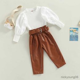 Clothing Sets Children Girl Fall Winter 2022 Ribbed Puff Long Sleeve Tops and PU Leather Pants Belt Clothes
