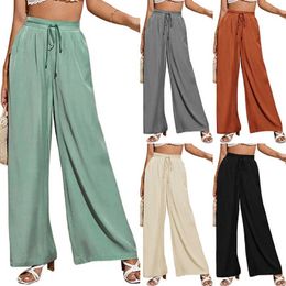 Capris European and American Summer New Women's High Casual Solid Elastic Waist Lace Loose Wide Leg Pants P230605