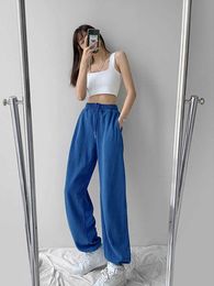 Women's Pants Capris Blue pocket high waisted joggers wide legged Trousers spring women's summer sports pants P230605