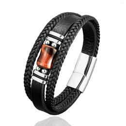 Charm Bracelets Retro Men's Jewelry Natural Tiger Eye Stone Bracelet Classic Black Weave Leather Rope Fashion Stainless Steel