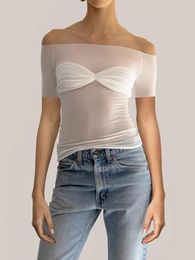 Women's T Shirts Y2K Women's Summer Skinny Tops Sexy Off Shoulder Sheer Mesh Solid Color Patchwork T-Shirt Ruched Slim Fit Wrap Tee